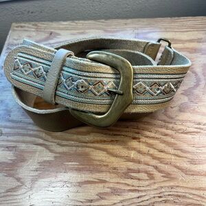 Embroidered Tan Pebbled Leather Belt with Brass Buckle Medium